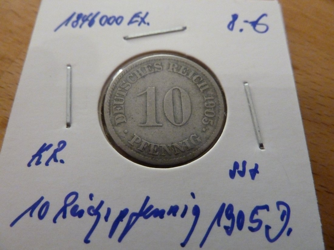  Kaiserreich 10 Pfennig 1905 -D- Jaeger 13. Vorzüglich   