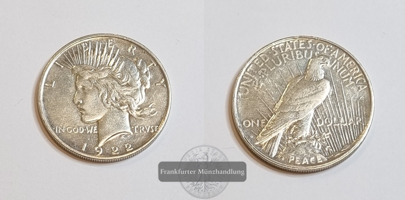  USA 1 Dollar 1922 Peace Dollar FM-Frankfurt Feinsilber: 24,03g   