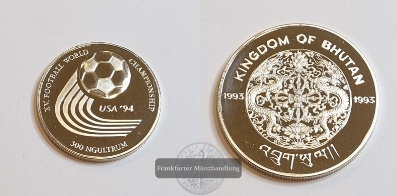  Bhutan 1992 300 Ngultrum Fußball-WM 1994 FM-Frankfurt Feinsilber: 29,1g   