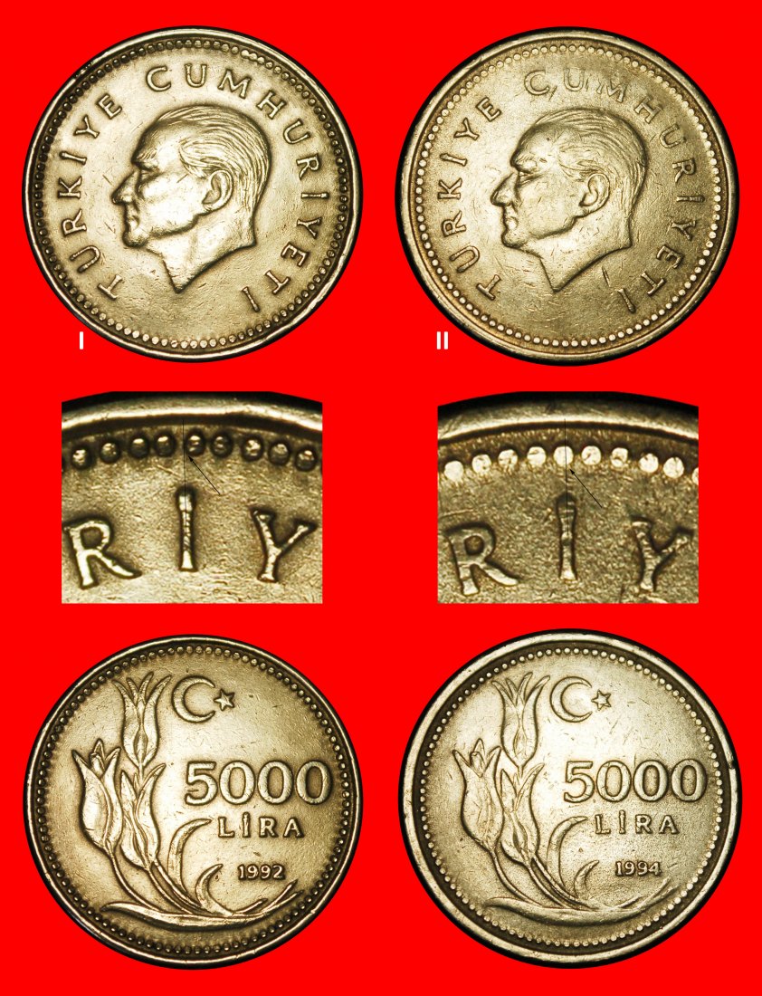  Ⰶ ATATURK (1923-1938): TURKEY ★5000 LIRAS 1992, 1994 ERROR! 2 DISCOVERY COINS★LOW START★ NO RESERVE!   