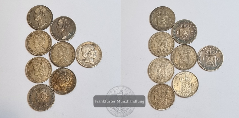  Niederlande (1845 - 1931) 1 Gulden 8 Münzen LOT FM-Frankfurt Feinsilber: 63,9g   