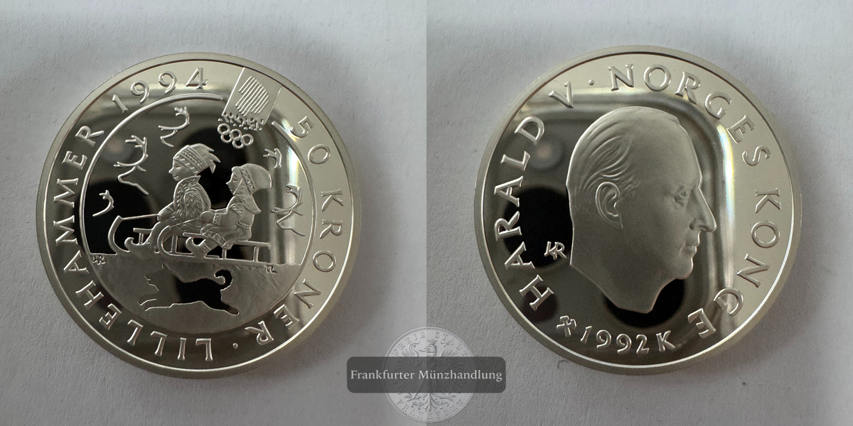  Norwegen 50 Kroner 1992 Children Sledding '94 FM-Frankfurt KM#439 Feinsilber: 15,59g   