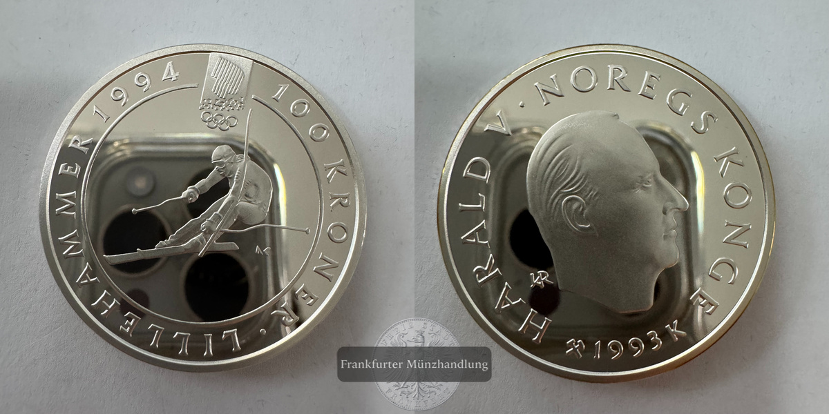  Norwegen 100 Kroner (Alpine Skiing) 1993 FM-Frankfurt KM#450 Feinsilber: 31,3g   