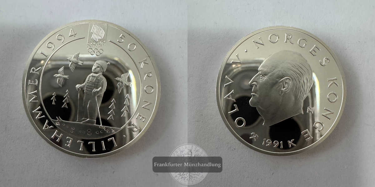  Norwegen 50 Kroner (Child on Skiis) 1991 FM-Frankfurt KM#432 Feinsilber: 15,59g   