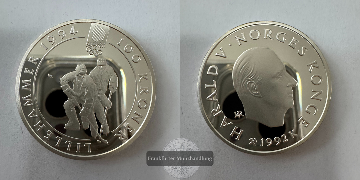  Norwegen 100 Kroner (Ice Hockey) 1992 FM-Frankfurt KM#441 Feinsilber: 31,3g   
