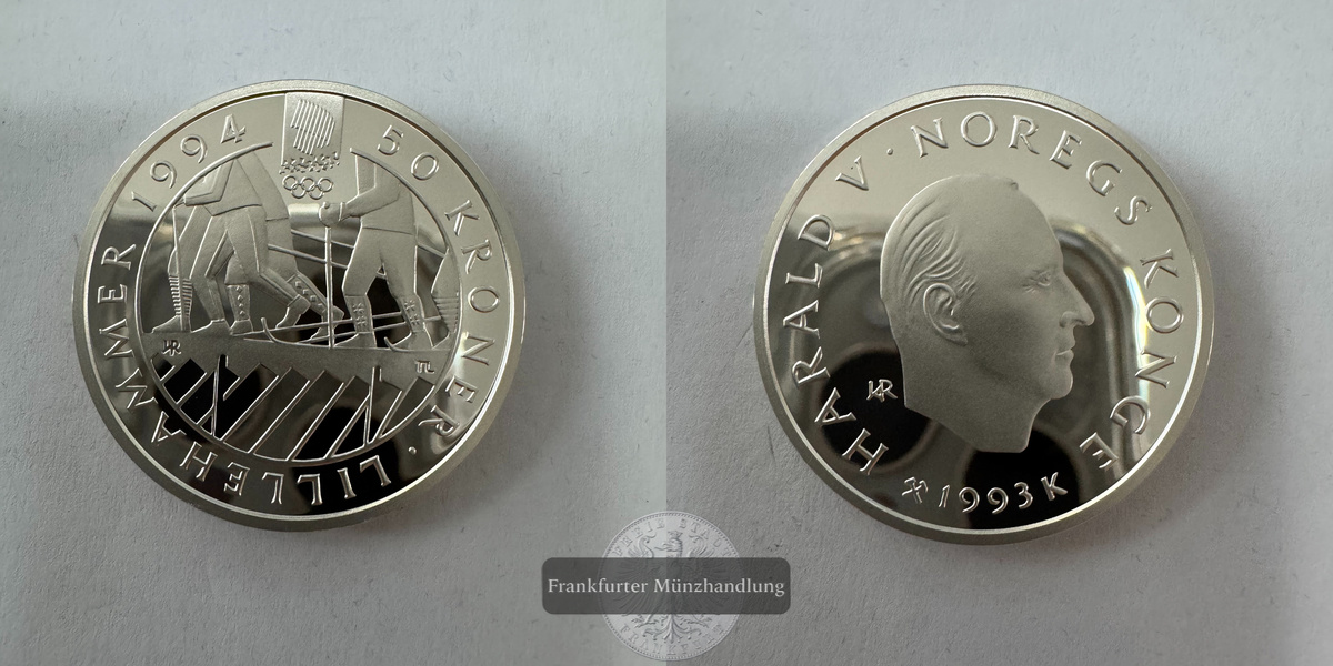  Norwegen 50 Kroner (Cross-country Skiers) 1993 FM-Frankfurt KM#447 Feinsilber: 15,59g   