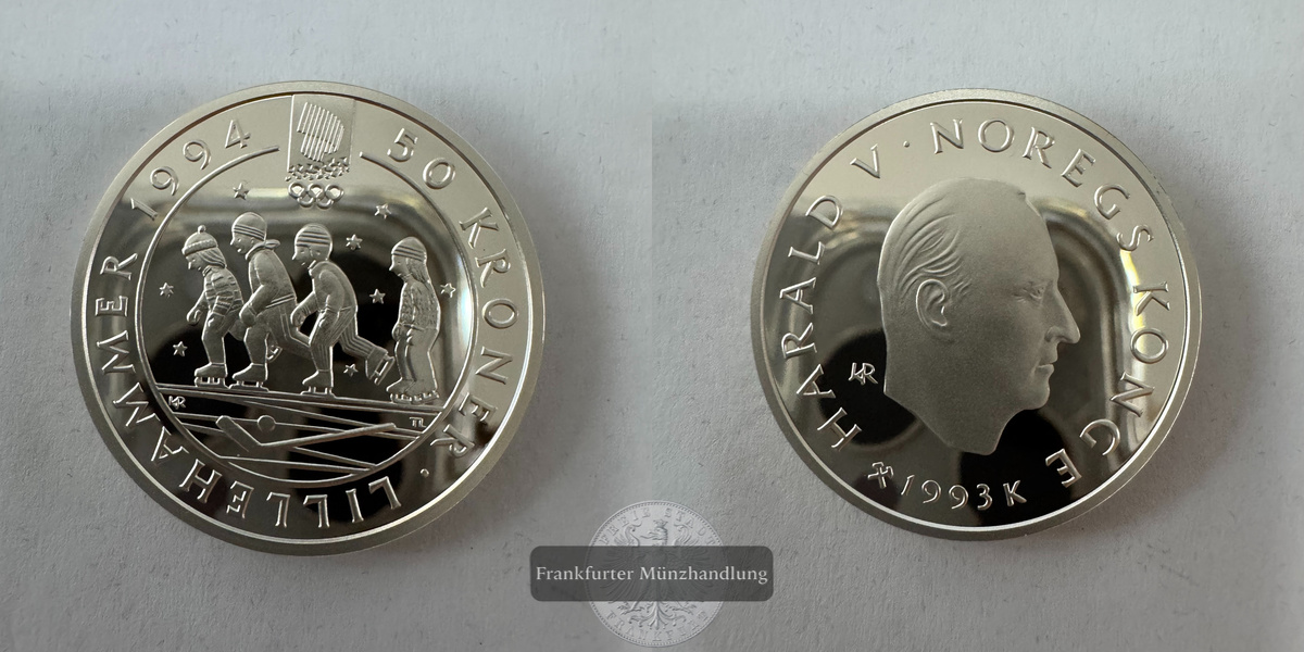  Norwegen 50 Kroner (Children Ice Skating) 1993 FM-Frankfurt KM#448 Feinsilber: 15,59g   