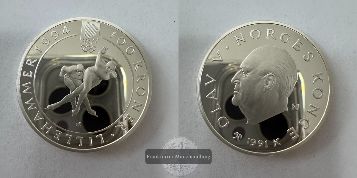  Norwegen 100 Kroner (Speed Skating) 1991 FM-Frankfurt KM#434 Feinsilber: 31,3g   