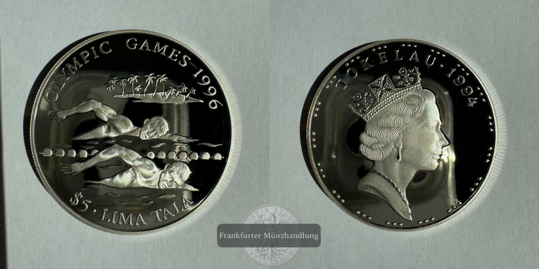  Neuseeland 5 Tala Elizabeth II (Swimmers) 1994 mit Sammelbox FM-Frankfurt KM#19 Feinsilber: 29,11g   