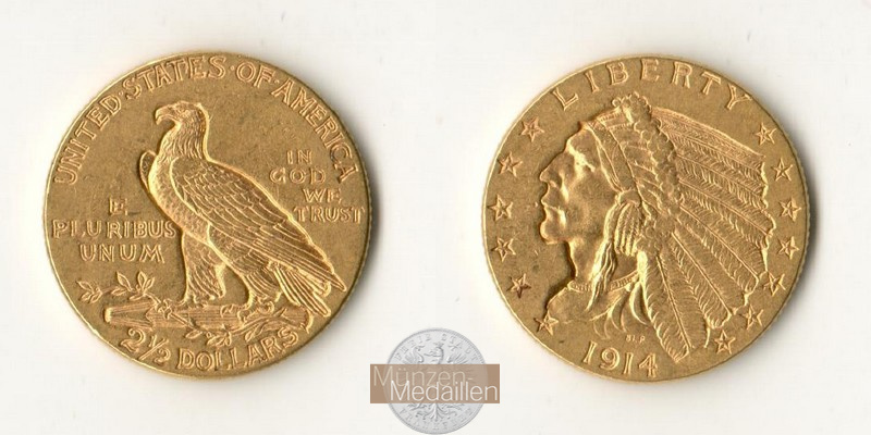 USA. 2.5 Dollar MM-Frankfurt Feingewicht: 3,76g Quarter Eagle - Indian Head 1914 