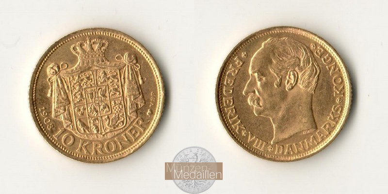 Dänemark, Frederik VIII. (1906-1912) MM-Frankfurt KM#809 Feingold: 4,03g 10 Kroner 1908 VBP 