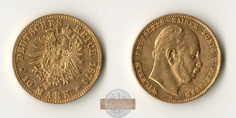 Deutsches Kaiserreich, Preussen. MM-Frankfurt Feingewicht: 3,58g Gold Wilhelm I. 1861-1888. 10 Mark 1874 A 