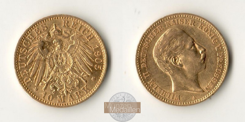 Deutsches Kaiserreich, Preussen. MM-Frankfurt Feingewicht: 3,58g Gold Wilhelm II. 1888-1918. 10 Mark 1905 A 