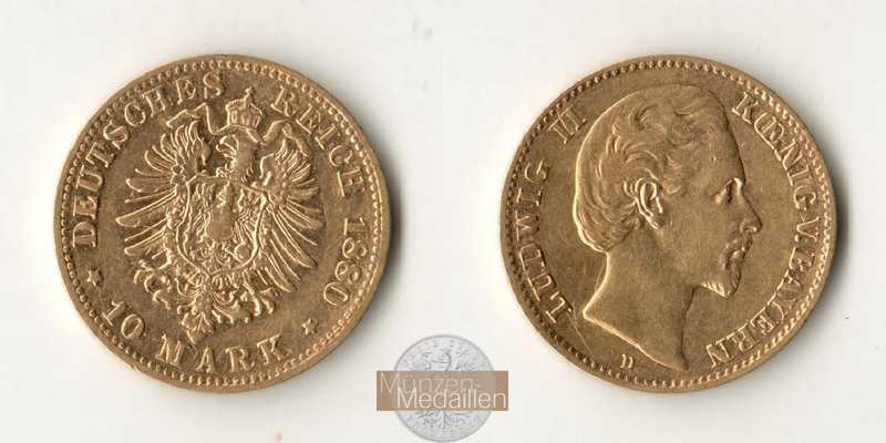 Deutsches Kaiserreich, Bayern. MM-Frankfurt Feingold: 3,58g Ludwig II. 1864-1886. 10 Mark 1880 D 