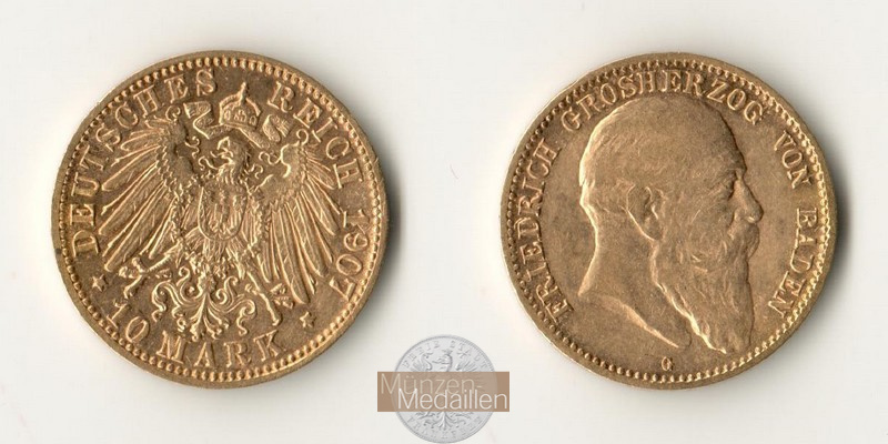 Baden, Königreich  10 Mark MM-Frankfurt  Feingewicht: 3,58g Gold Grosherzog Friedrich I. 1852-1907 1907 G 