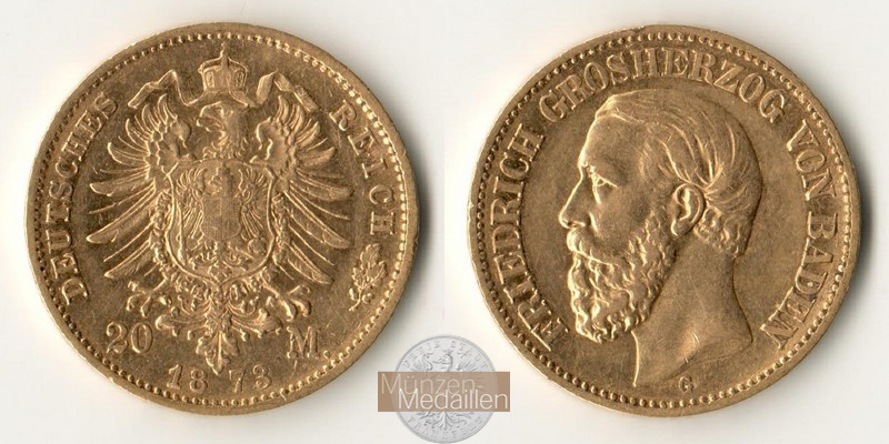 Baden  20 Mark MM-Frankfurt Feingold:  7,17g Friedrich I. 1852 - 1907 1873 G 