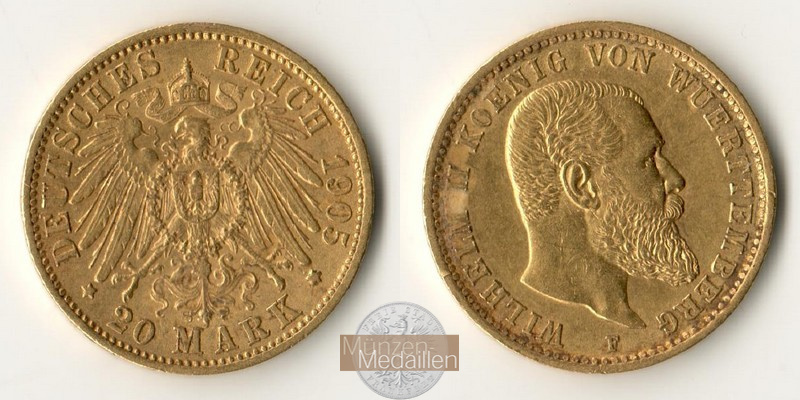 Würtemberg. Wilhelm II. 1891-1918. MM-Frankfurt Feingewicht: 7,17g Gold 20 Mark 1905 F 