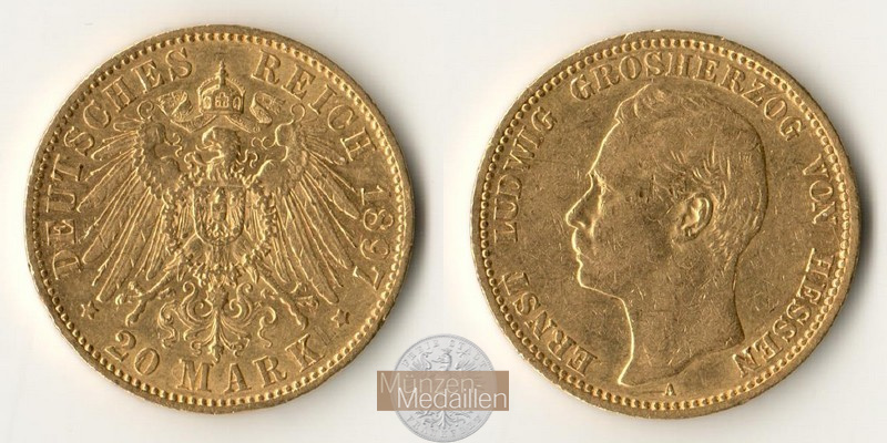Hessen, 20 Mark MM-Frankfurt Feingewicht: 7,17g Ernst Ludwig Grosherzog 1897 A 
