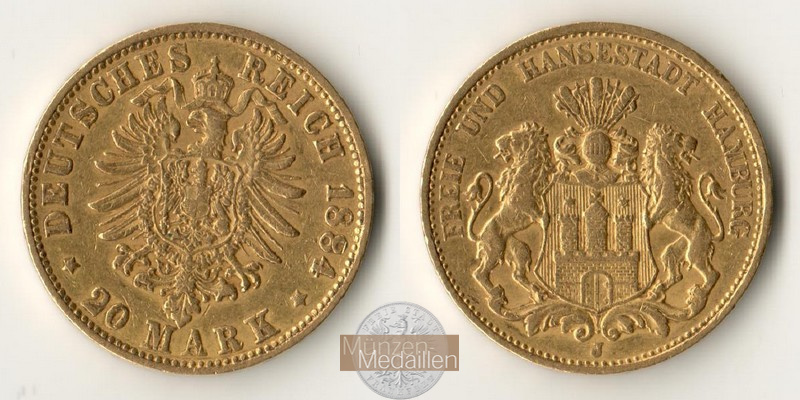 Deutsches Kaiserreich - Hamburg MM-Frankfurt Feingold: 7,17g 20 Mark 1884 J 