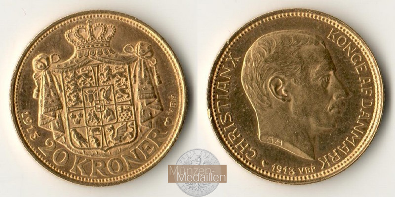 Dänemark  20 Kroner MM-Frankfurt Feingold: 8,06g Christian X (1912-1947) 1913 