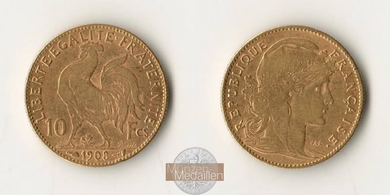 Frankreich MM-Frankfurt Feingold: 2,90g 10 Francs - Marianne 1908 