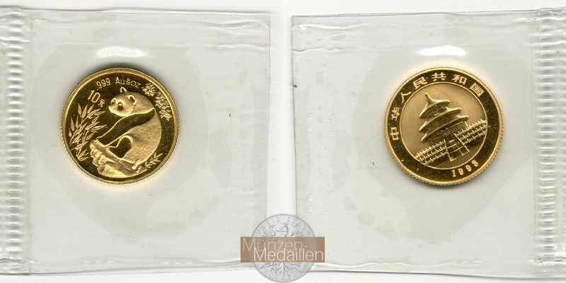 China 10 Yuan MM-Frankfurt Feingold: 3,11g Sitzender Panda 1993