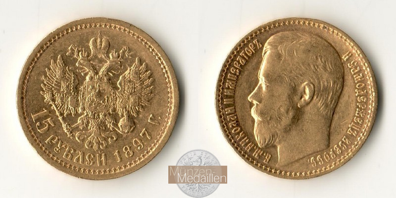 Russland  15 Rubel MM-Frankfurt Feingold: 11,61g Zar Nikolaus II. 1894-1917 1897 