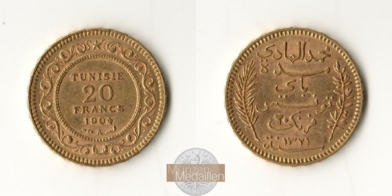 Tunesien (Französisches Protektorat) MM-Frankfurt Feingewicht: 5,81g 20 Francs 1904 A 