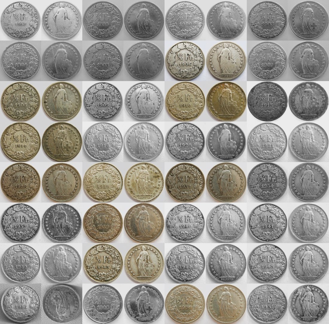  Schweiz, 1/2 Franken 1898-1951, 32 Stück, Ag .835, gesamt 80 g FG   