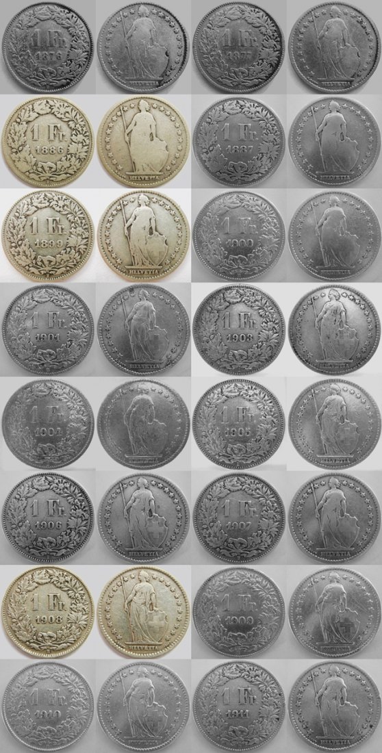  Schweiz, 1 Franken 1876-1911, 16 Stück, Ag .835, gesamt 80 g FG   