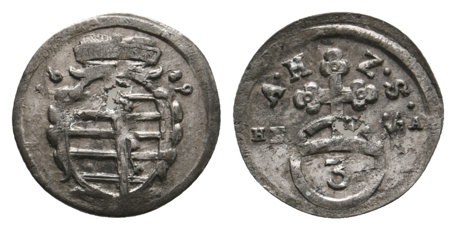  Altdeutschland; Sachsen; Kleinmünze 1689; Schrötlingsfehler (Loch)   