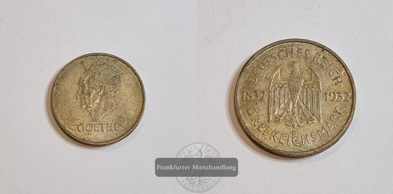  Weimarer Republik 3 Reichsmark 1932 D, Goethe  FM-Frankfurt Feinsilber: 7,5g   