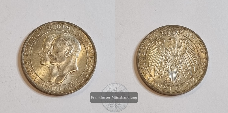  Deutsches Kaiserreich 3 Mark 1911 100. Jahre Breslauer Universität FM-Frankfurt Feinsilber: 15g   