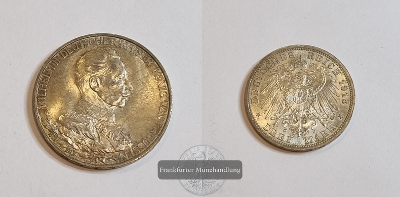  Dt. Kaiserreich. 3 Mark Wilhelm II Preußen 1913 Uniform A FM-Frankfurt KM#535 Feinsilber: 15g   