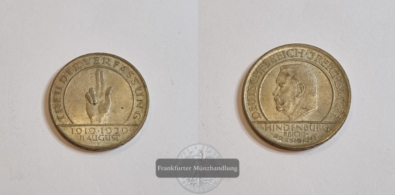  Weimarer Republik 3 Reichsmark 1929 Hindenburg FM-Frankfurt Feinsilber: 7,5g   