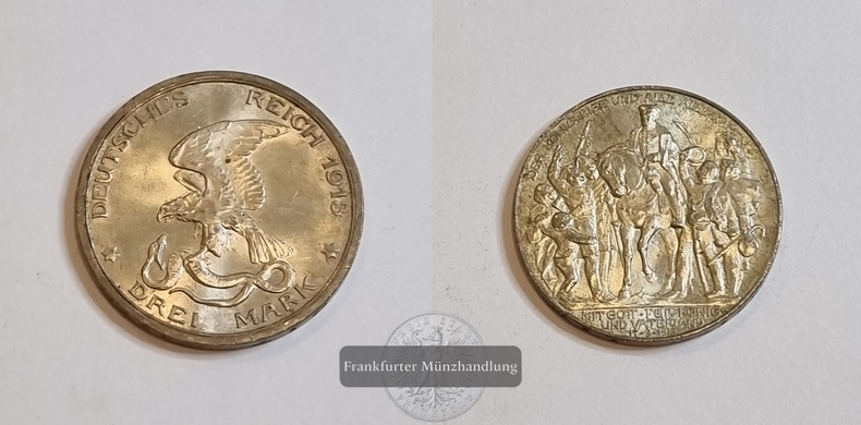  Deutsches Kaiserreich 1913 3 Mark Befreiungskriege FM-Frankfurt Feinsilber: 15g   