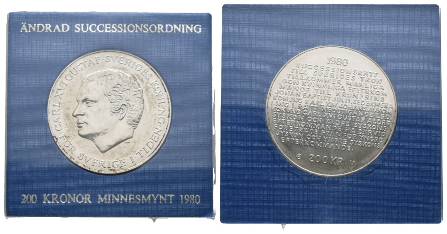  Schweden: 200 Kronen Gedenkmünze 1980; geänderte Nachfolgeordnung; silber; Ø 36,1 mm; 27,02 g   
