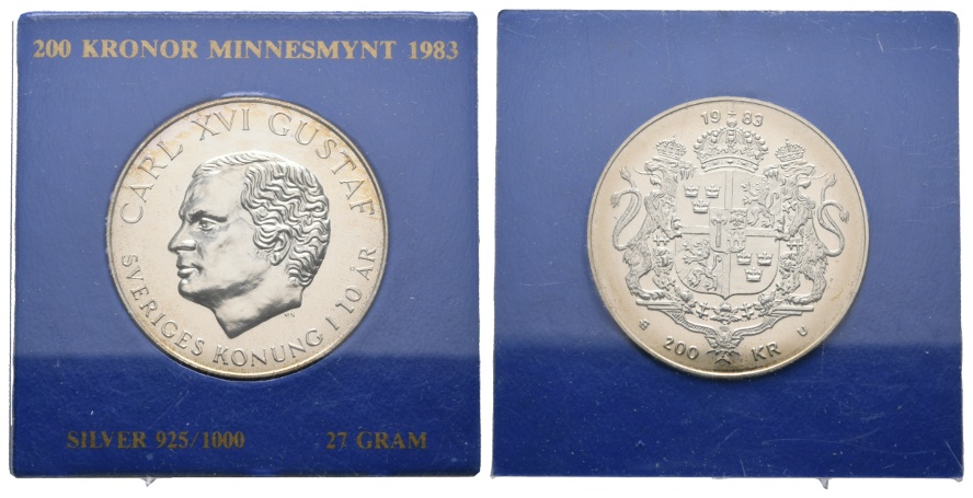  Schweden: 200 Kronen Gedenkmünze 1983; 10 Jahre König Carl XVI; silber; Ø 36 mm; 27 g   