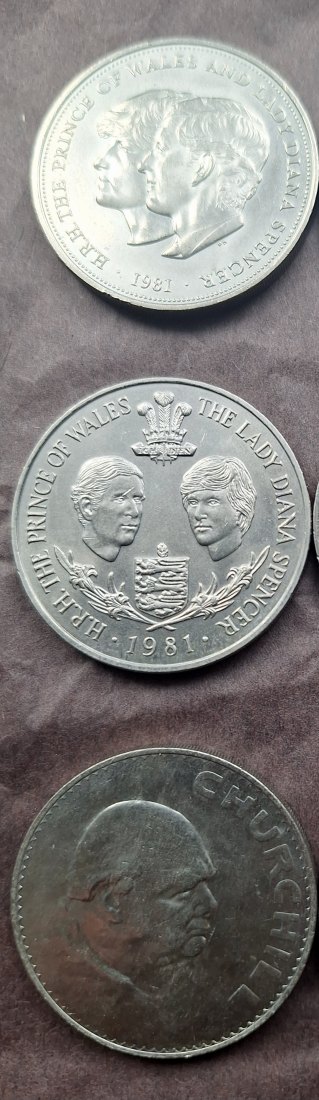  Münze1+2GB-1965 Churchill/Elisabeth II, 1981 Prince of Wales Lady Diana,Münze 3/25 Pence(2)   