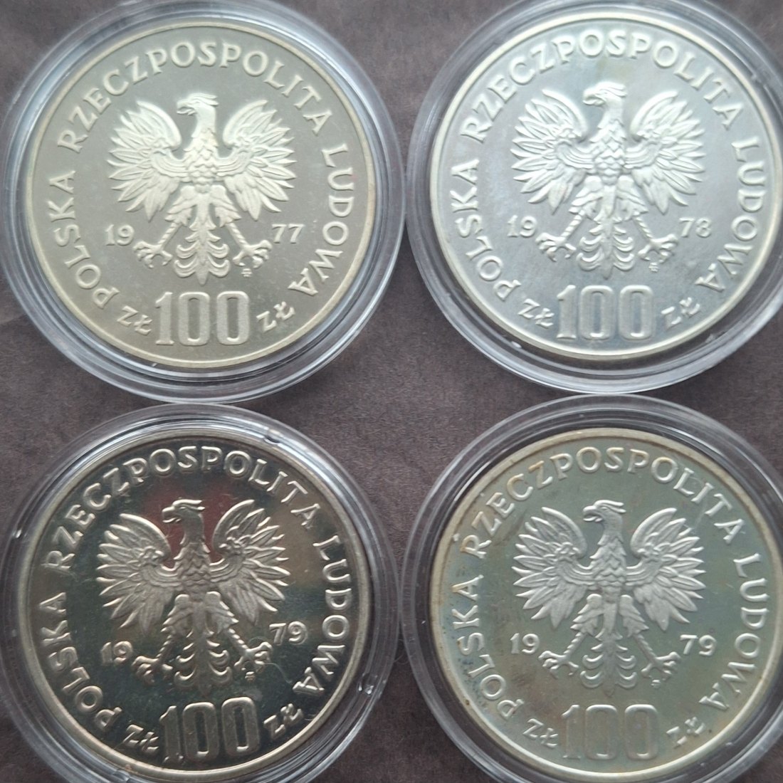 4x100 Zloty, Polen 1977-1979 Gewicht je 16,5g/625er Silber/10,31 Gramm fein   