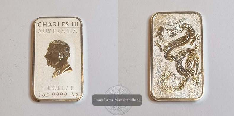  Australien 1 Dollar 2024 Münzbarren Drache FM-Frankfurt Feinsilber: 31g   