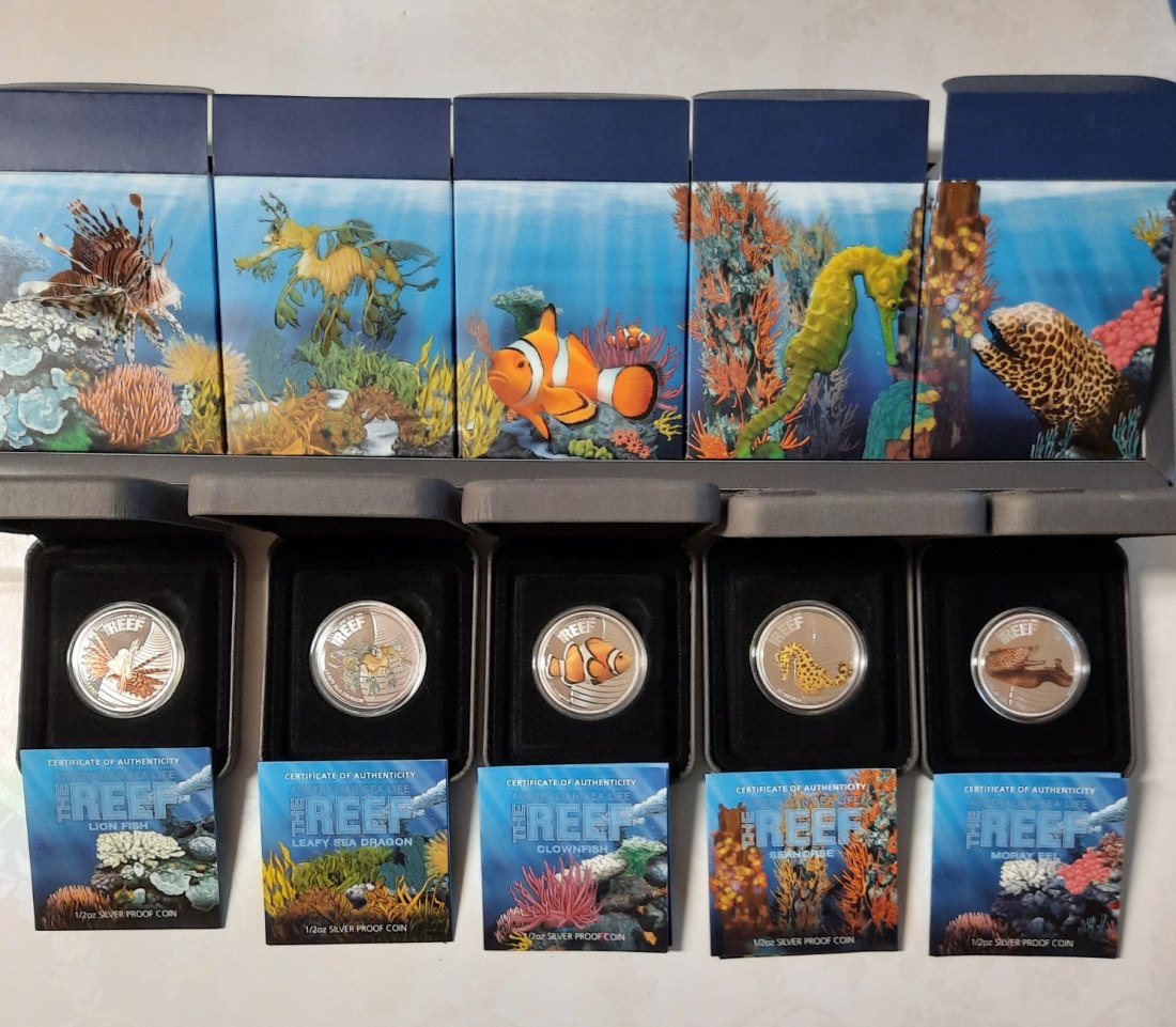 Australien Serie Sea Life The Reef. Silber Proof Farbmünzen