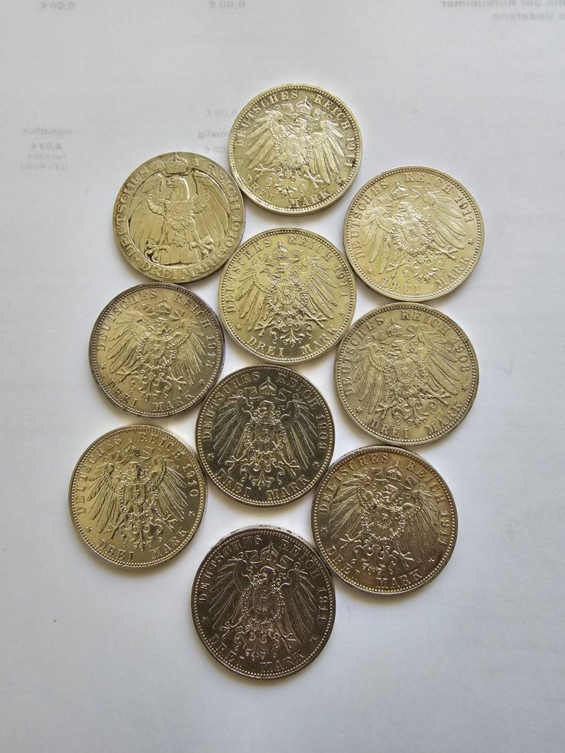  10 Silbermünzen Kaiserreich 3RM Stücke ,Samlungsauflösung++++   