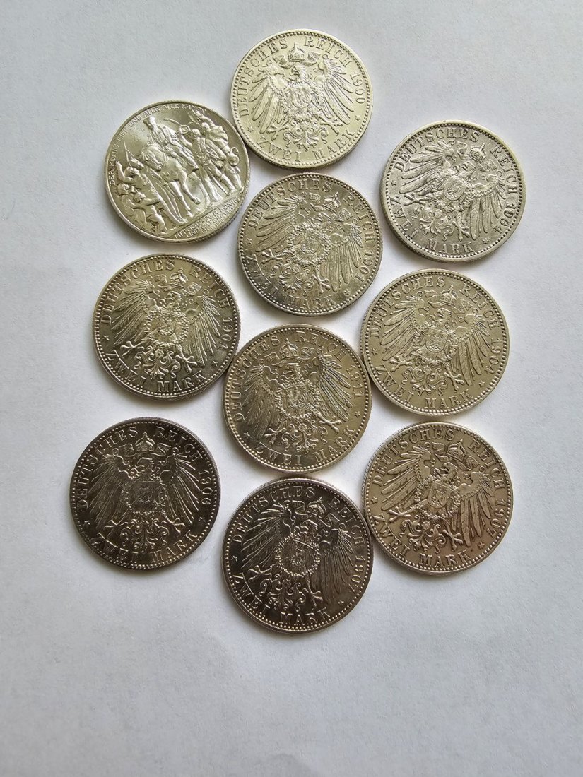  10 Silbermünzen Kaiserreich 2RM Stücke ,Samlungsauflösung++++   