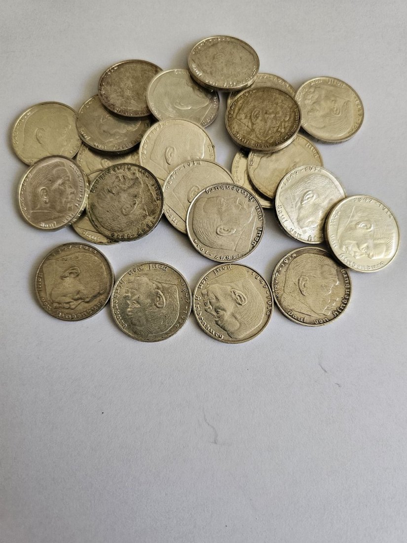  Silber Lot 23 x 2 Reichsmark 1936,1938,1939 Paul von Hindenburg   