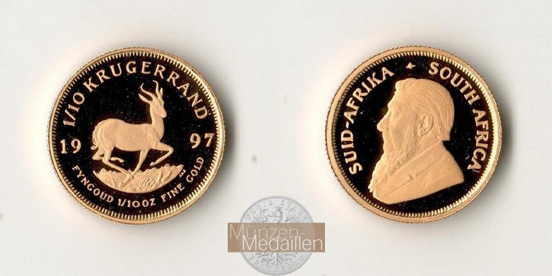 Südafrika MM-Frankfurt   Feingold: 3,11g 1/10 Unze Krügerrand 1997 