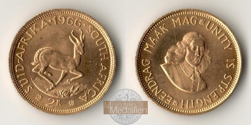 Süd Afrika  2 Rand MM-Frankfurt Feingold: 7,32g Springbock 1966 