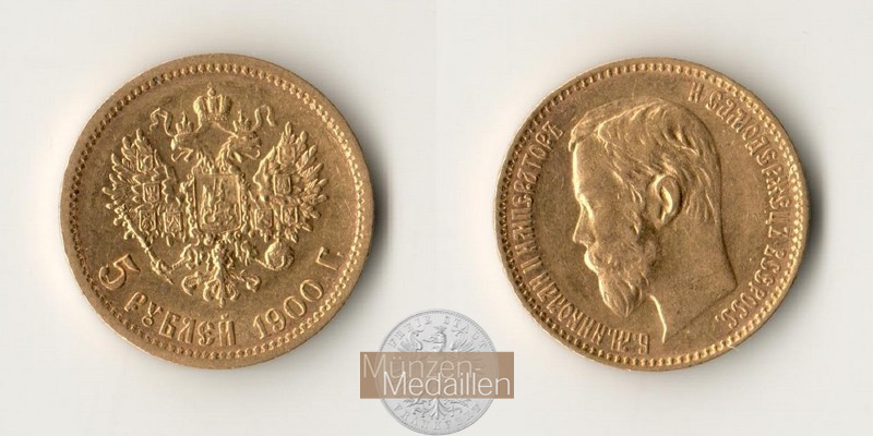 Russland, Zar Nikolaus II. MM-Frankfurt Feingold: 3,87g 5 Rubel 1900 