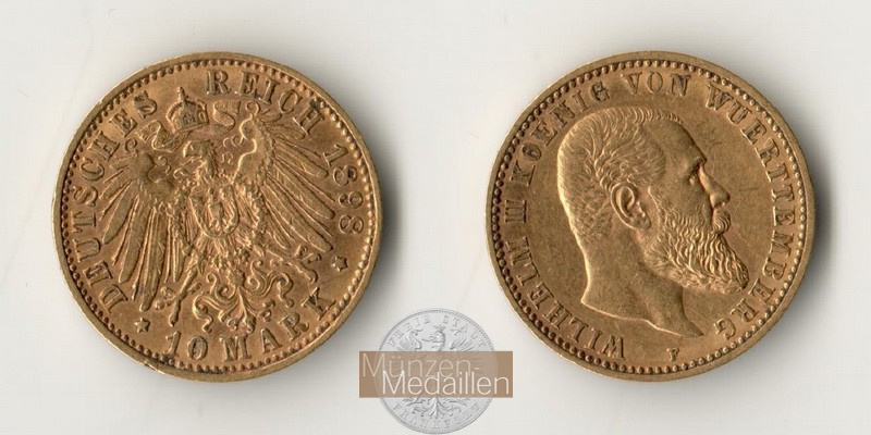 Dt. Kaiserreich Württemberg, Wilhelm II MM-Frankfurt KM#633 Feingold: 3,58g 10 Mark (1893-1913) 1898 F 