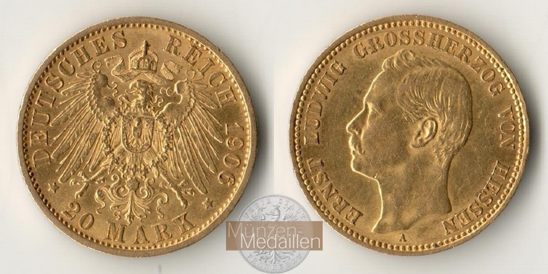 Hessen, Kaiserreich  20 Mark MM-Frankfurt Feingold: 7,17g Grossherzog Ernst Ludwig 1892-1918 1906 A 